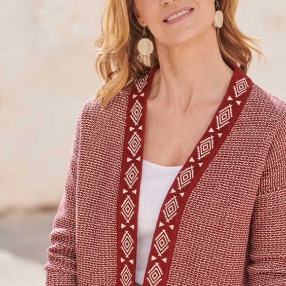 Woolovers New Womens Open Embroidered Placket Carmine Red/Cream Cardigan Size M - Picture 2 of 8